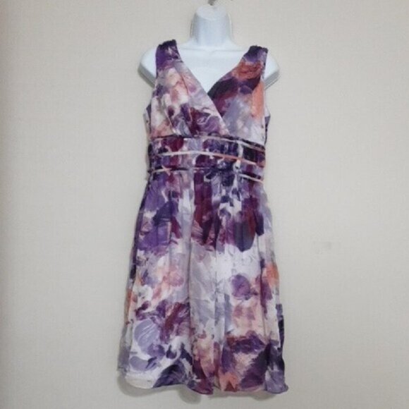 Donna Morgan Floral Purple Dress Fit And Flare Romantic Event Fairy Women 8 Silk - Picture 1 of 9